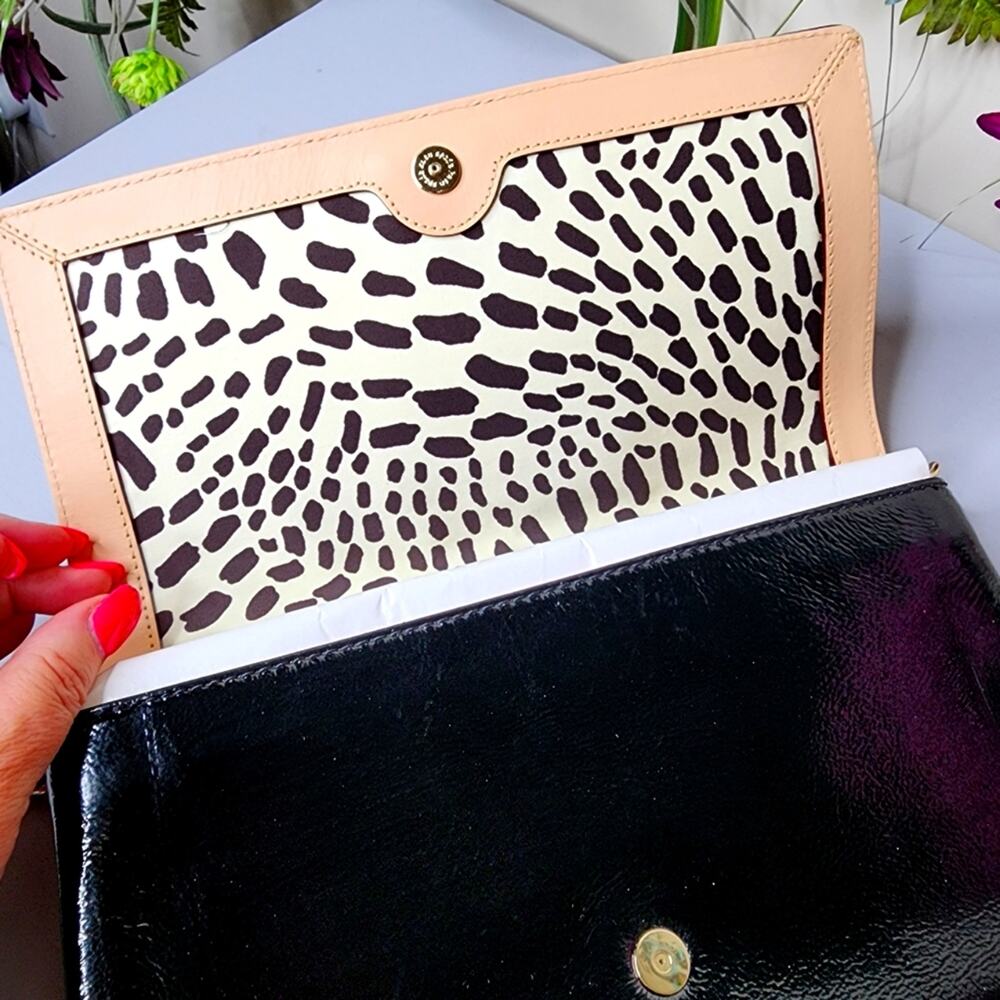 Kate Spade Black Patent Leather Clutch Shoulder Bag Animal Print Interior NWOT